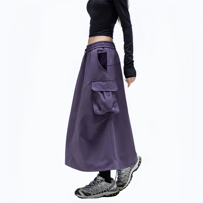 Cargo pocket outdoor long skirt for women - purple cargo long skirt on women, side walking view, for daily commute and office