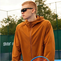 
                  
                    UPF50 coolmax crinkled sun protection jacket - orange brown coolmax sun jacket on men with sunglasses
                  
                