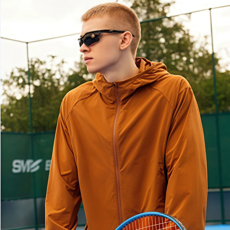 UPF50 coolmax crinkled sun protection jacket - orange brown coolmax sun jacket on men with sunglasses