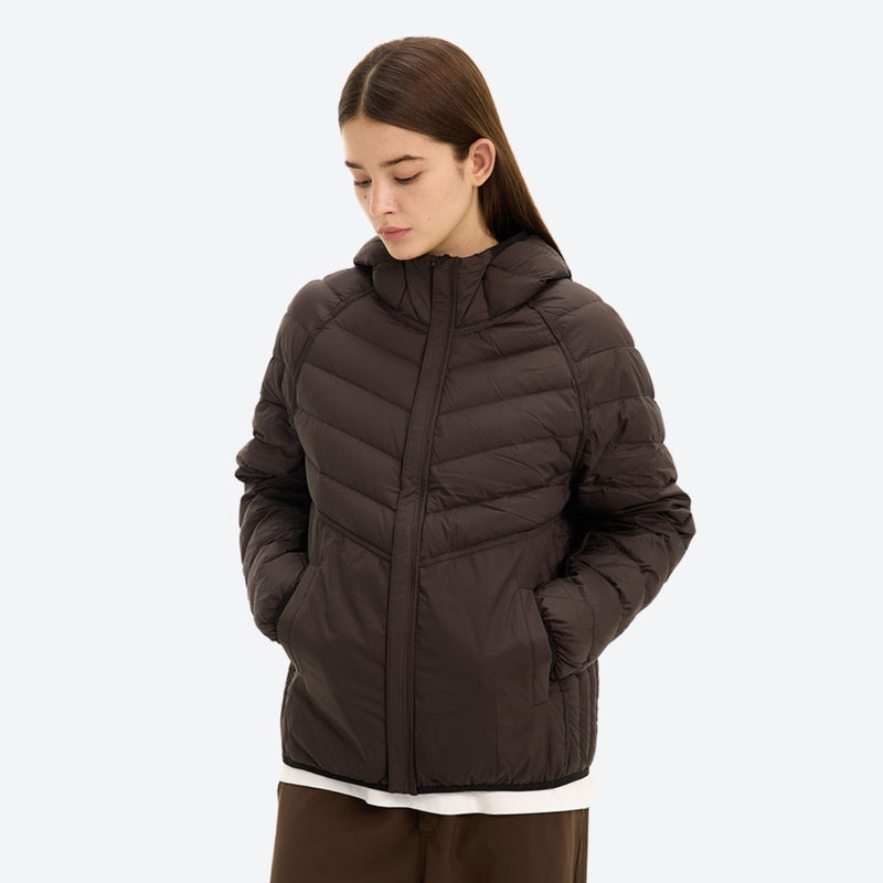 90 goose down reversible hooded jacket - black brown 90 goose down reversible jacket on women, for hiking and trail walking