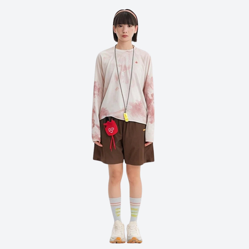 Lightweight trail shorts with back pocket - brown water-repellent shorts with tie-dye top, for camping and outdoor weekends