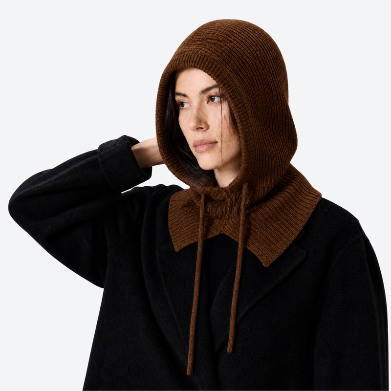 Knitted merino balaclava with drawcord - brown knitted merino wool balaclava, front product view, for skiing and snowboarding