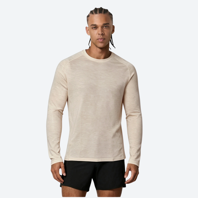 Men's soft merino wool quick-dry tee for outdoor - cream merino wool quick-dry base layer top on men, back standing view