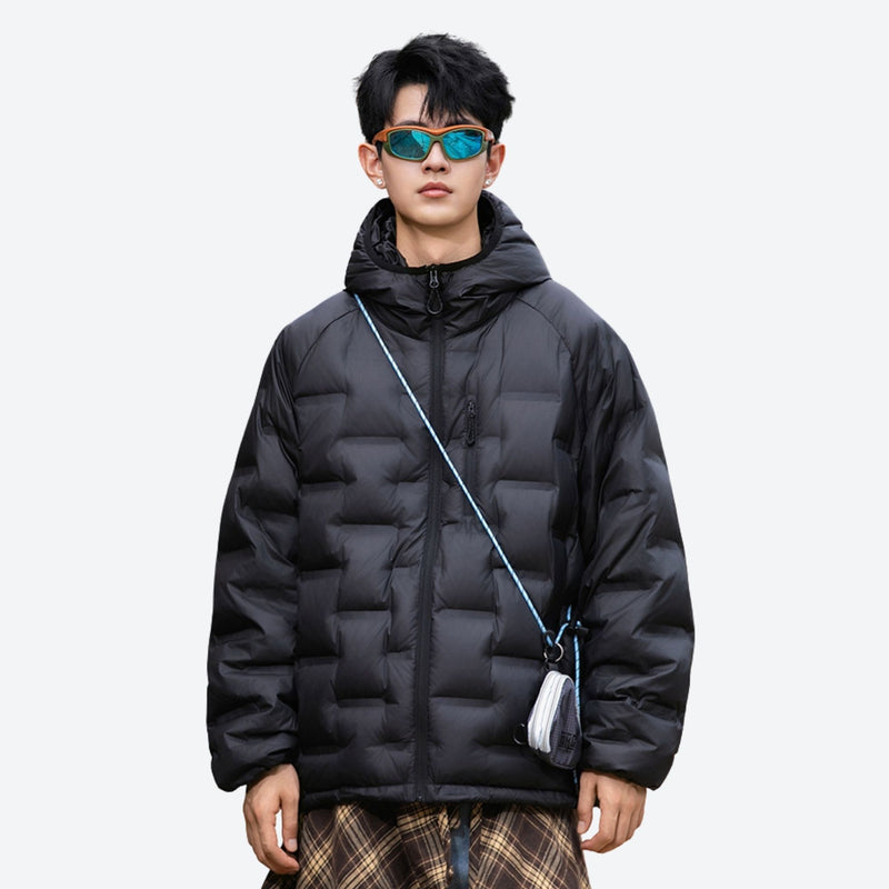 Insulated color-block duck down jacket for mountain - black duck down jacket on men with sunglasses and crossbody bag