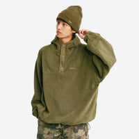 
                  
                    Breathable hooded pullover anorak with snap front - olive hooded mid-layer pullover with beanie, for travel and city walks
                  
                
