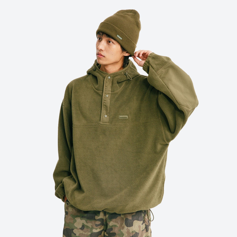 Breathable hooded pullover anorak with snap front - olive hooded mid-layer pullover with beanie, for travel and city walks