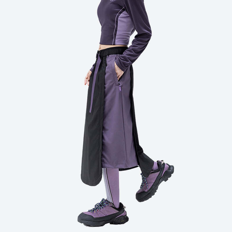 Versatile color-block water-repellent skirt - black purple color-block long skirt on women, for hiking and trail walking