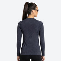 
                  
                    Lightweight moisture-wicking baselayer for outdoor - navy 3D channel quick-dry baselayer on women, back standing view
                  
                