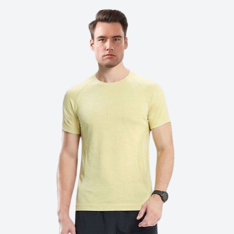 Soft merino wool baselayer with temperature control - yellow merino wool baselayer tee on men, for layering in cold weather