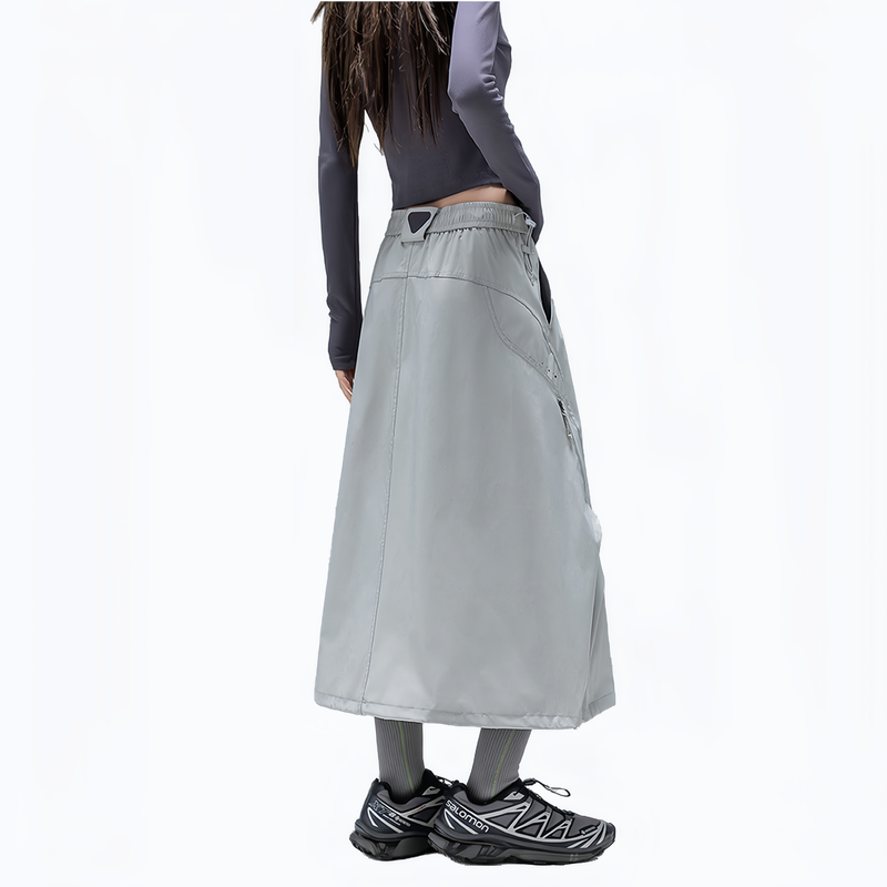 Versatile two-way wear water-repellent skirt - light gray water-repellent long skirt on women, back side view