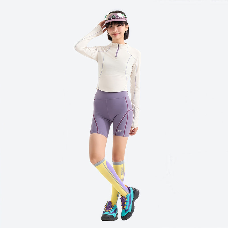 Women's stretchy fitted tee for outdoor - cream white half-zip long sleeve tee on women with cap, for cycling and commuting