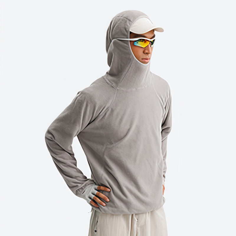 Breathable quick-dry pullover with funnel hood - light gray hooded mid-layer pullover on men with cap