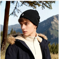 
                  
                    Soft merino wool knit hat for cold weather - black merino beanie on men, worn front view, for hiking and trail walking
                  
                