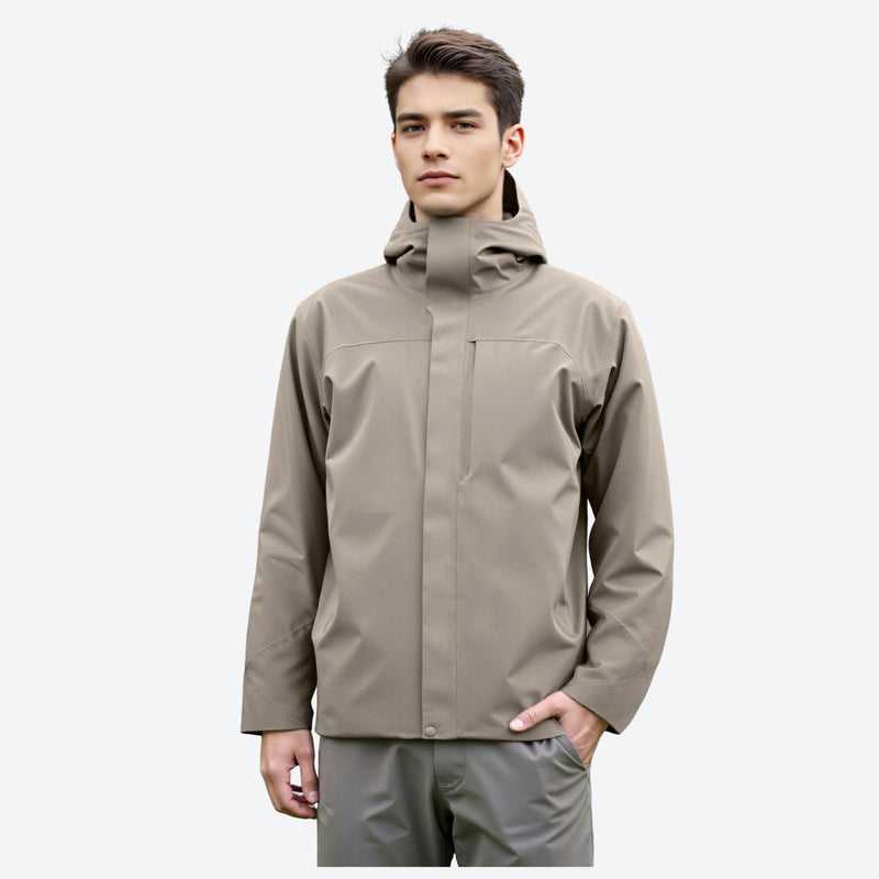 Unisex warm softshell snowboard jacket with hood - tan softshell jacket, F with hand in pocket, for skiing and snowboarding