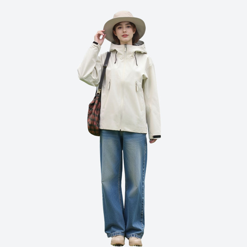 Women's waterproof hardshell rain jacket with vents - cream hardshell jacket, for hiking and trail walking