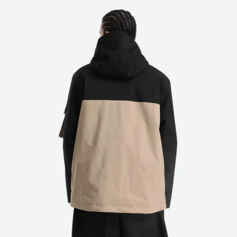 Men's colorblock ski pullover set - black and tan colorblock, on-model back hood view, for skiing and snowboarding