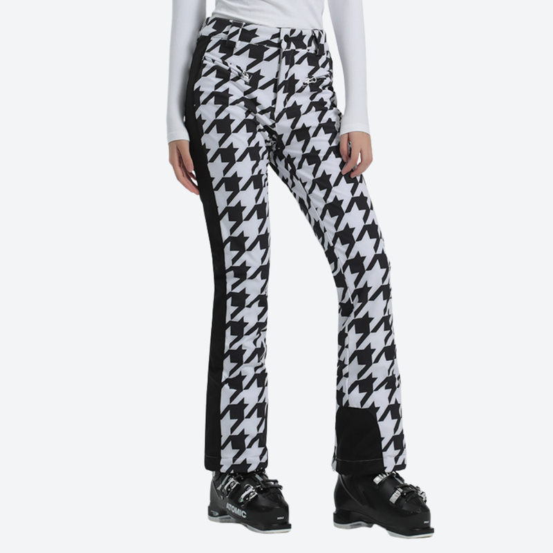 Women's slim waterproof ski trousers for resort - houndstooth ski pants with black side stripe, for skiing and snowboarding