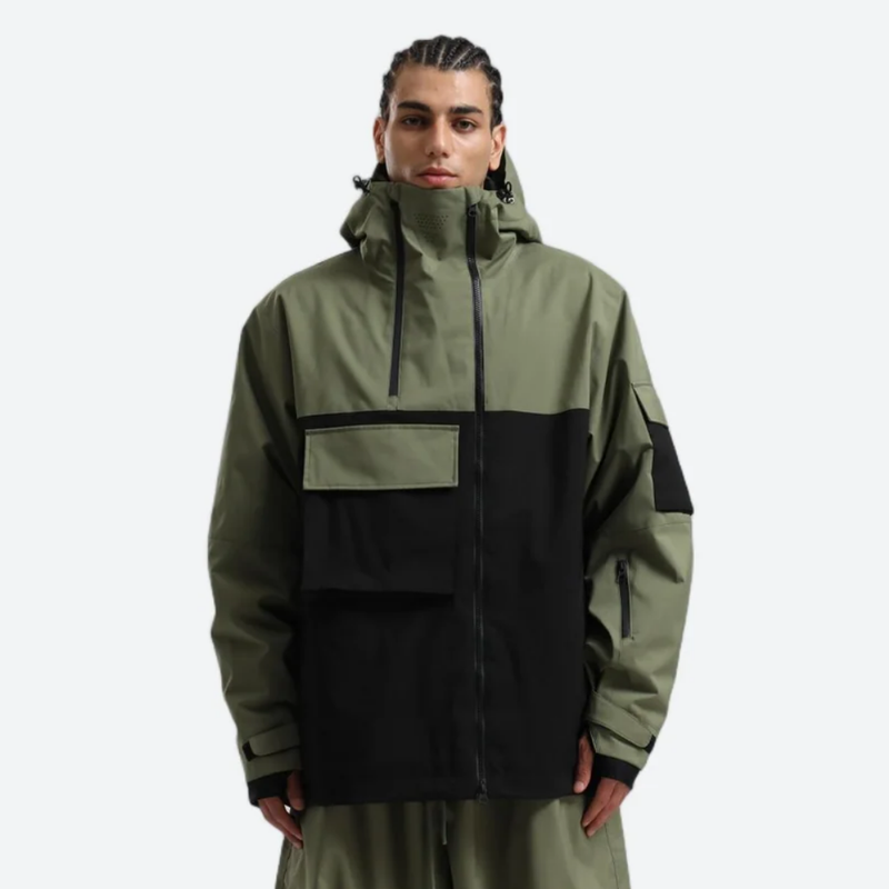 Men's breathable 2-layer snowboard jacket and pants - olive green and black colorblock, for resort and street wear