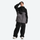 Women's waterproof 2L snow jacket and pants - black and gray colorblock jacket with black pants, front view with hand on head