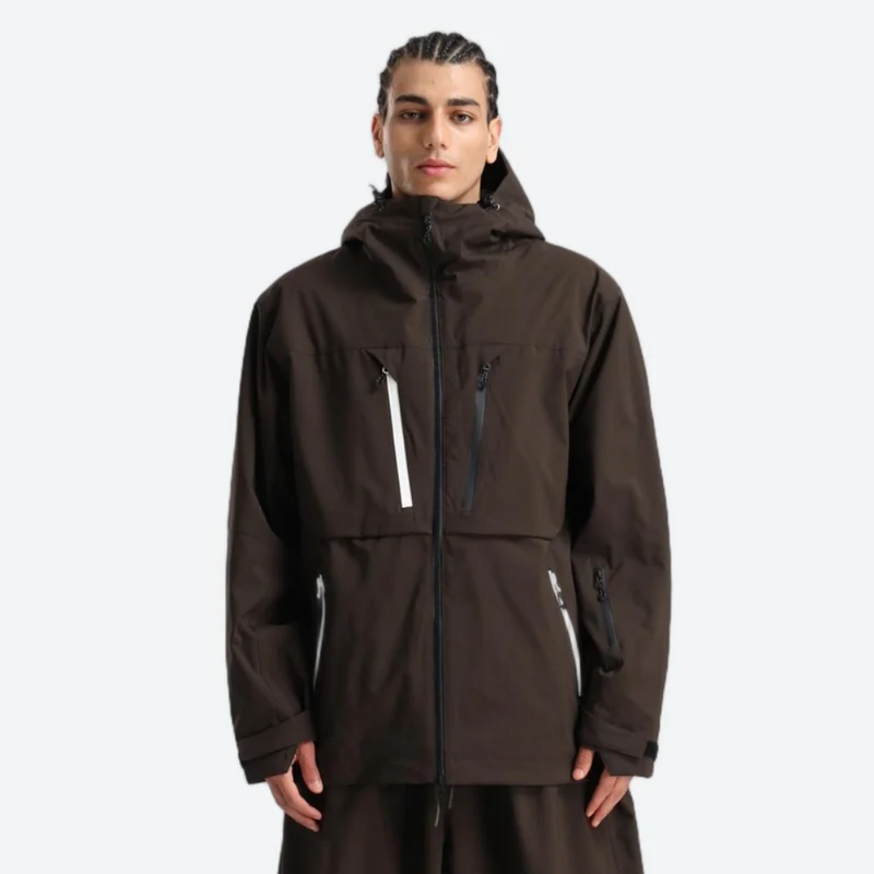 Men's breathable ski jacket with chest zip pockets - coffee brown jacket, on-model front view, for cold-weather winter sports