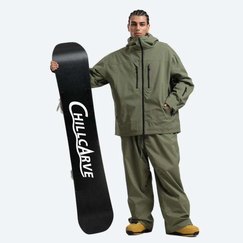 Men's waterproof 2L snow jacket and pants - olive green jacket with olive pants, for skiing and snowboarding