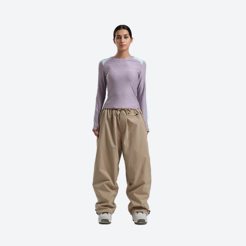 Women's 2-layer snowboard jacket and pants - lavender base layer top with tan snow pants, for resort and street wear