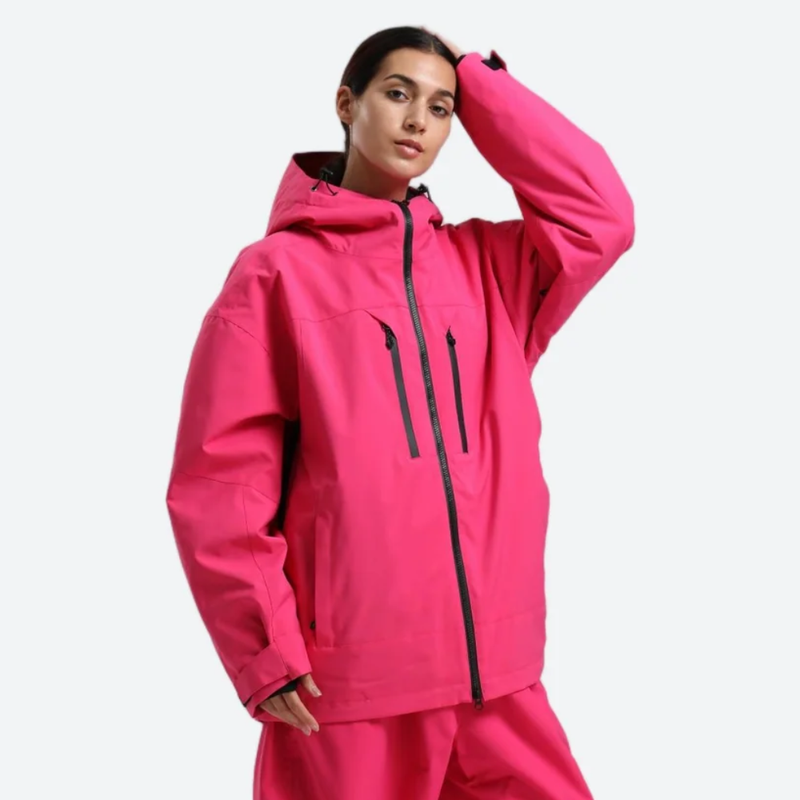 Women's waterproof 2L snow jacket and pants - pink jacket, on-model three-quarter front view, for skiing and snowboarding