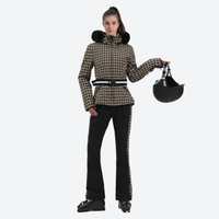 
                  
                    Women's slim ski jacket with belt and fur hood - brown houndstooth slim fit ski jacket with fur collar
                  
                