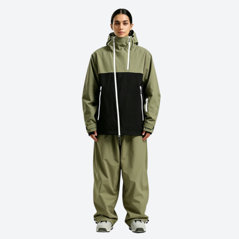 Women's breathable 2-layer snowboard jacket and pants - olive green and black colorblock jacket with olive pants