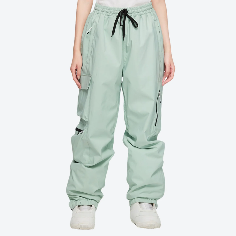 Men's 2-layer snowboard jacket and pants - sage green snow pants, on-model front view, for powder days and winter commute