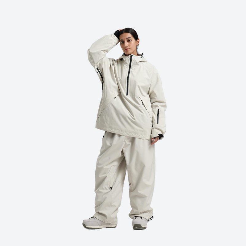 Women's waterproof 2L anorak snow jacket and pants - cream anorak jacket with cream pants, for resort and street wear