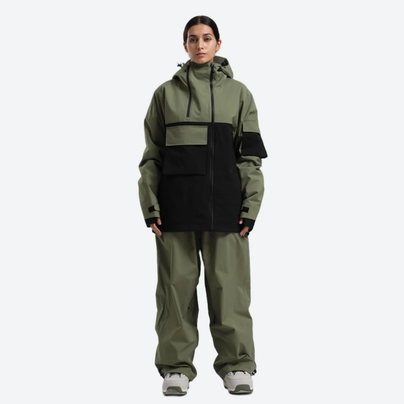 Women's breathable 2-layer snowboard jacket and pants - olive green and black colorblock jacket with olive pants
