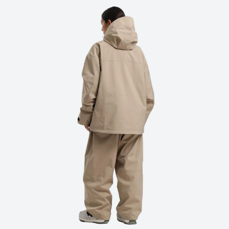 Women's 2-layer snowboard jacket and wide-leg pants - tan jacket with tan pants, for powder days and winter commute