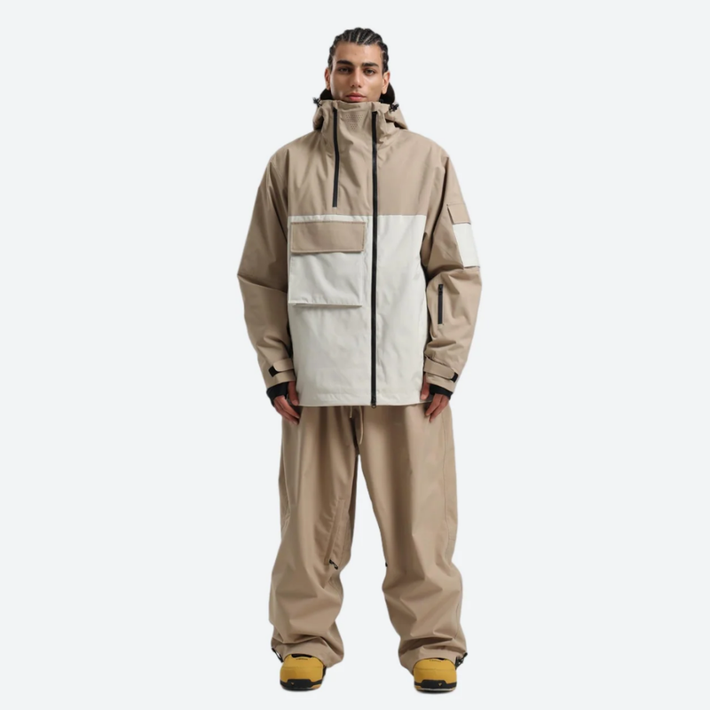 Men's colorblock ski pullover set - tan and cream colorblock jacket with tan pants, for cold-weather winter sports