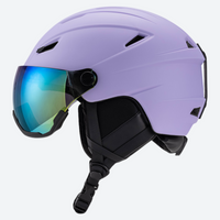 
                  
                    Lightweight ski helmet with integrated goggle look - matte lavender snow helmet with mirror goggles, three-quarter view
                  
                