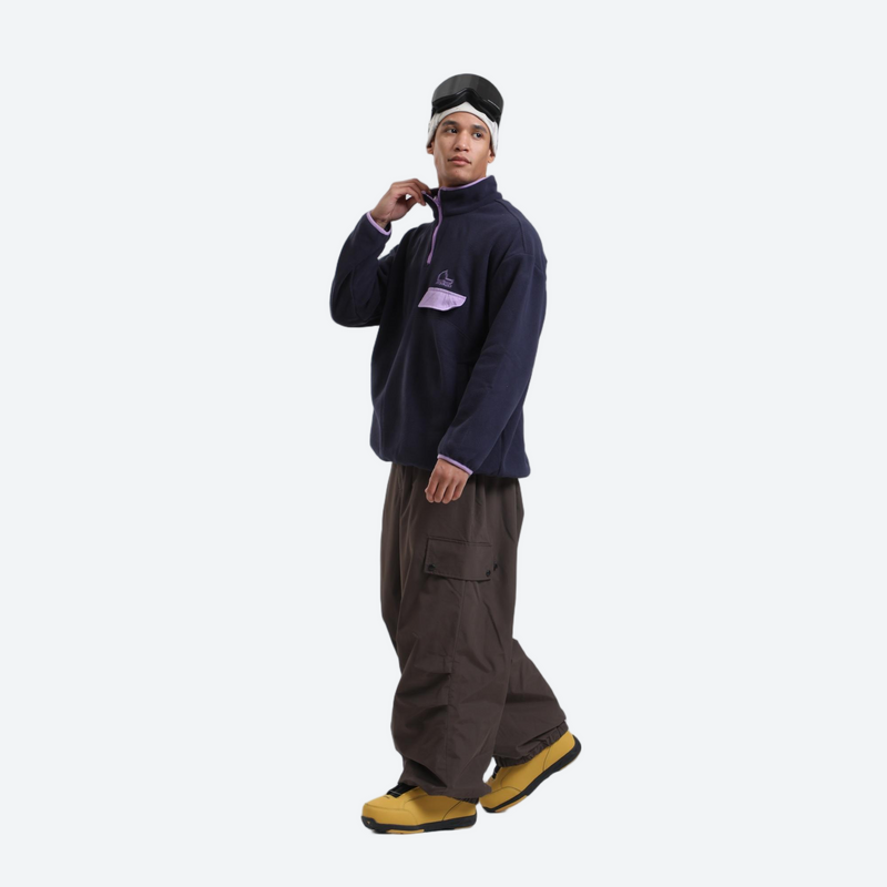 Waterproof 3L cargo snow pants - coffee brown snow pants, on-model three-quarter front view, for cold-weather winter sports