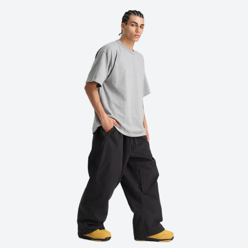 Unisex waterproof 3L snow anorak jacket and pants - black snow pants with gray tee, for powder days and winter commute