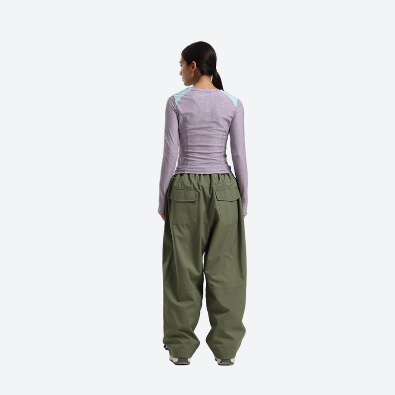 Women's waterproof 2L snow jacket and pants - lavender base layer top with olive green snow pants, on-model back view