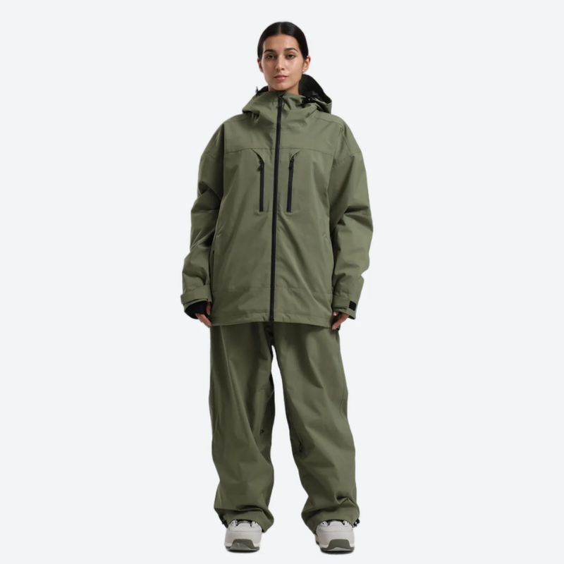 Women's 2-layer snowboard jacket and wide-leg pants - olive green jacket with olive pants, for skiing and snowboarding