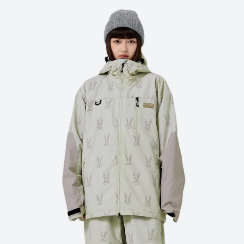 Women's waterproof 2L snow jacket and pants - sage green rabbit print jacket, for skiing and snowboarding