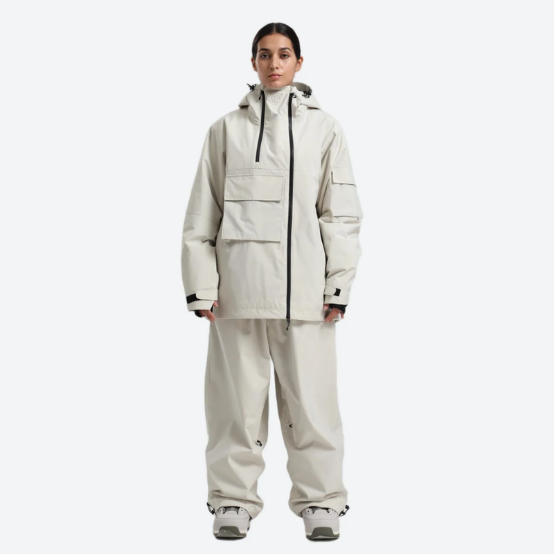 Women's breathable 2-layer snowboard jacket and pants - cream jacket with cream pants, for powder days and winter commute