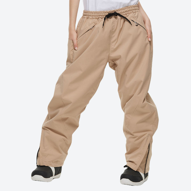 Unisex waterproof 2L snow jacket and pants - tan snow pants, on-model three-quarter front view, for resort and street wear