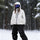 Men's breathable ski jacket and pants set - cream jacket with black pants, for resort and backcountry days