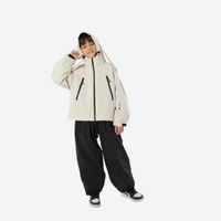 
                  
                    Kids breathable snowboard jacket and bib pants set - cream jacket with black pants, for cold-weather winter outdoor fun
                  
                