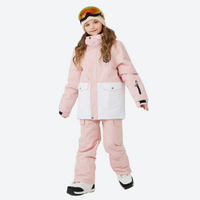 
                  
                    Kids waterproof 2L snow jacket and pants set - pink white colorblock kids jacket with white pants, on-model front view
                  
                