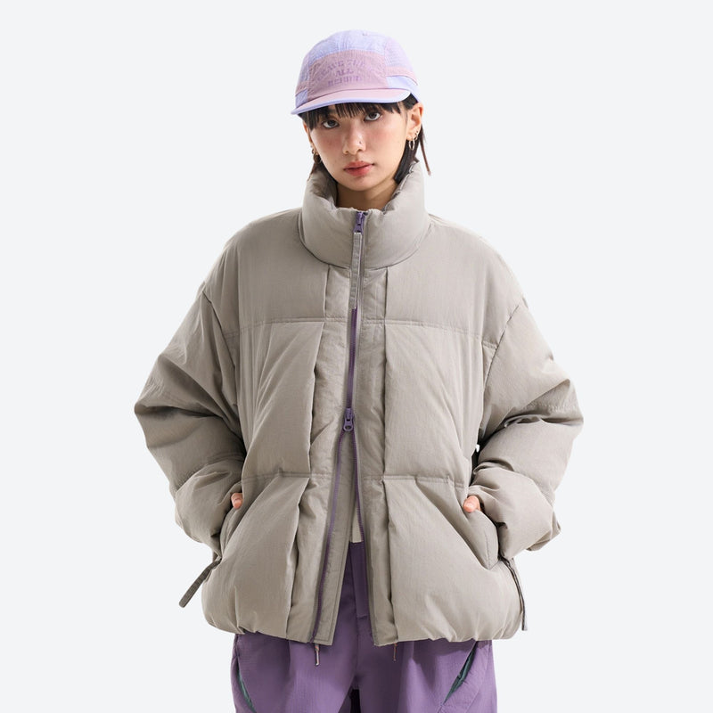 Windproof stand-collar puffy down jacket - taupe windproof stand-collar down jacket on women with cap