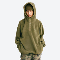 
                  
                    Soft relaxed mid-layer pullover for outdoor - olive hooded mid-layer pullover with beanie, for layering in cool weather
                  
                