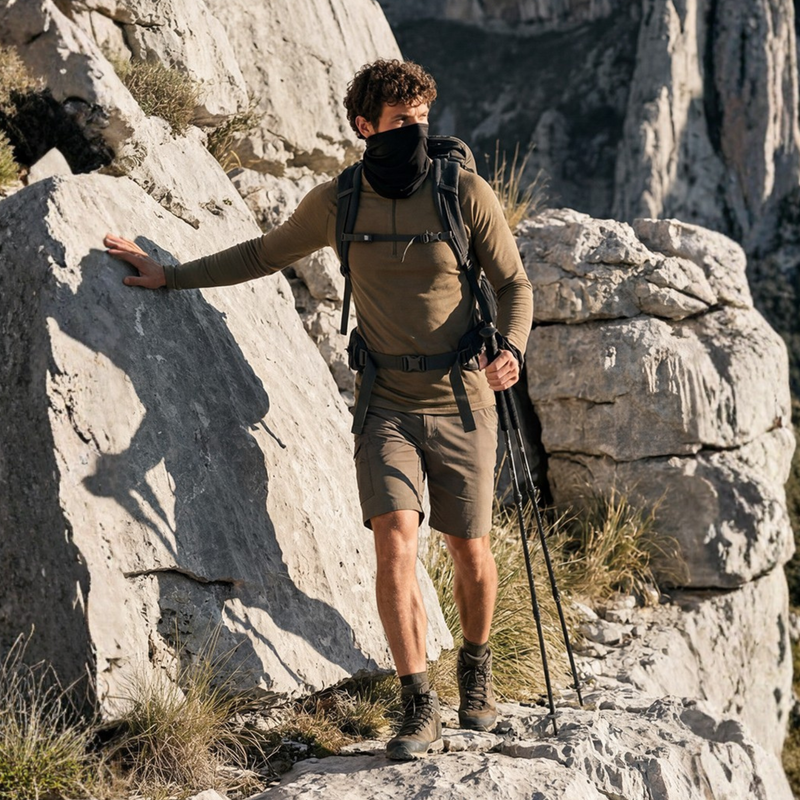 Merino wool multifunctional facemask with 3A antibacterial - black merino wool neckwarmer on men climbing, worn action view