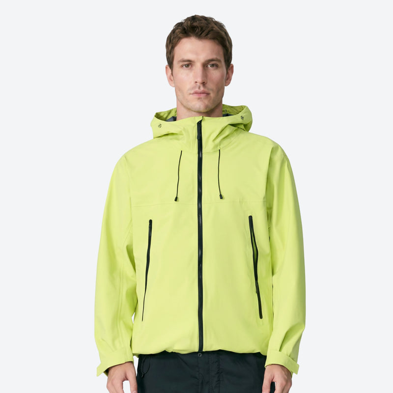 Breathable lightweight shell with built-in carry straps - neon green hardshell jacket, for skiing and snowboarding