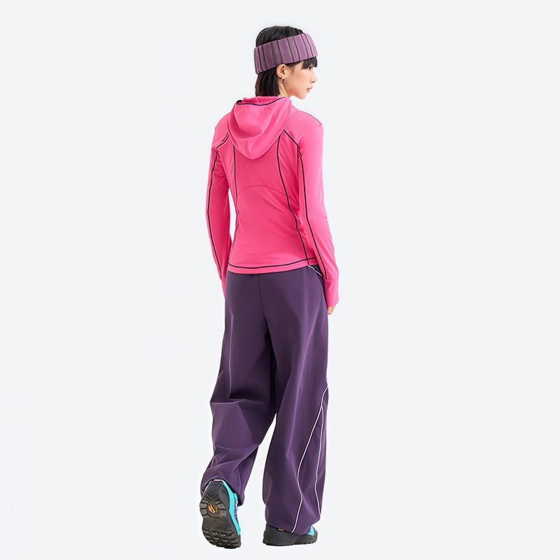 Women's 7A antibacterial hooded sun jacket - rose pink slim fit sun jacket on women with headband, back standing view